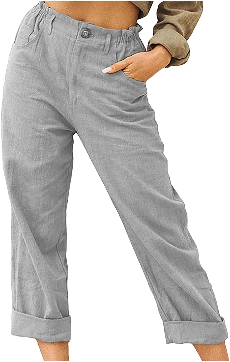 Capris for Women Casual Summer Cotton Linen Pants Lightweight High Waist Stright Leg Cropped Trouser with Pockets
