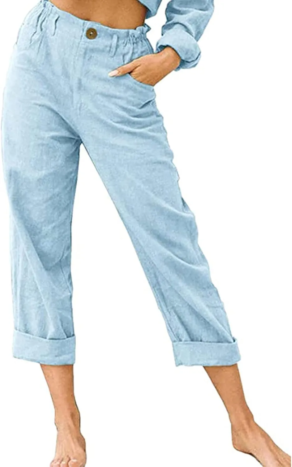 Capris for Women Casual Summer Cotton Linen Pants Lightweight High Waist Stright Leg Cropped Trouser with Pockets