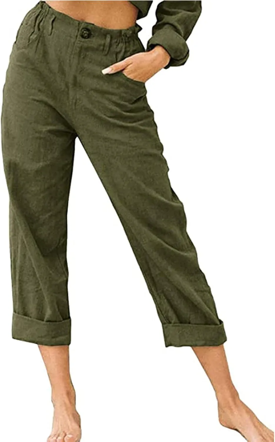 Capris for Women Casual Summer Cotton Linen Pants Lightweight High Waist Stright Leg Cropped Trouser with Pockets