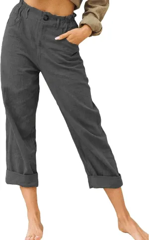 Capris for Women Casual Summer Cotton Linen Pants Lightweight High Waist Stright Leg Cropped Trouser with Pockets