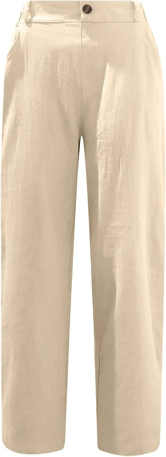 Capris for Women Casual Summer Cotton Linen Pants Lightweight High Waist Stright Leg Cropped Trouser with Pockets