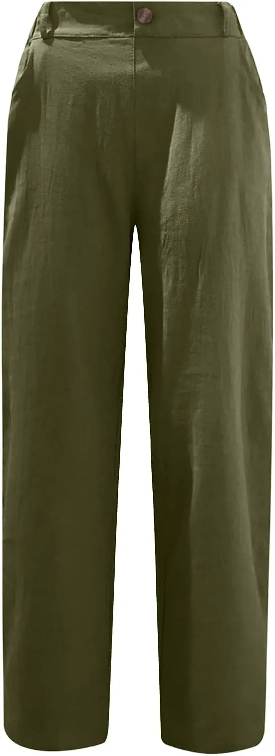 Capris for Women Casual Summer Cotton Linen Pants Lightweight High Waist Stright Leg Cropped Trouser with Pockets