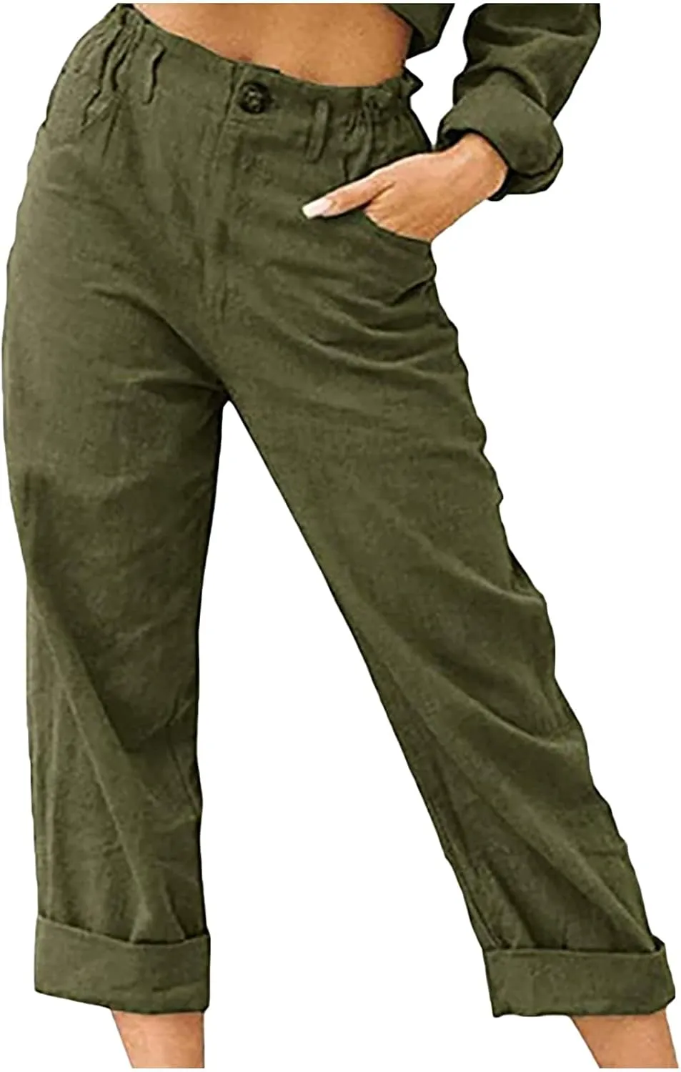 Capris for Women Casual Summer Cotton Linen Pants Lightweight High Waist Stright Leg Cropped Trouser with Pockets