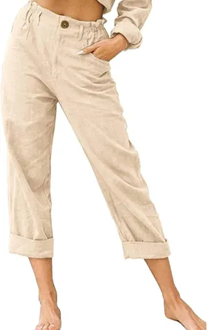 Capris for Women Casual Summer Cotton Linen Pants Lightweight High Waist Stright Leg Cropped Trouser with Pockets