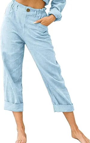 Capris for Women Casual Summer Cotton Linen Pants Lightweight High Waist Stright Leg Cropped Trouser with Pockets