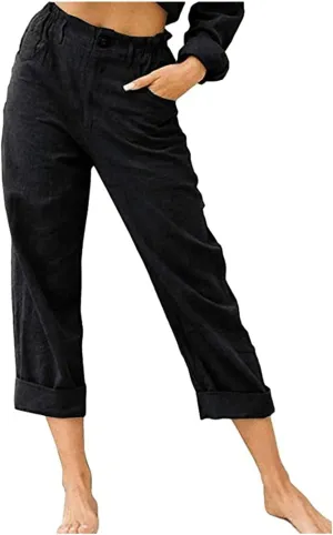 Capris for Women Casual Summer Cotton Linen Pants Lightweight High Waist Stright Leg Cropped Trouser with Pockets