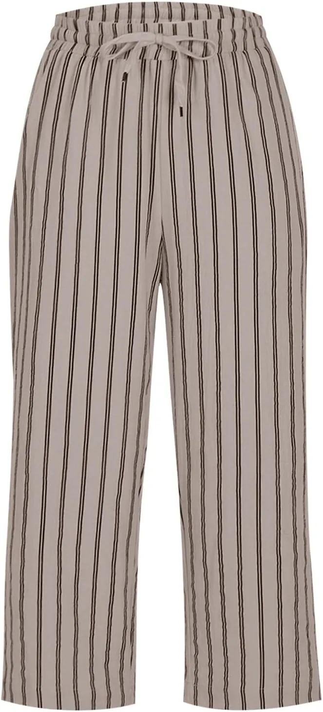 Capris for Women Fashion Casual Stripe Elastic Loose Pants Straight Wide Leg Trousers Womens Beach Vacation Outfits