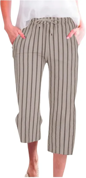Capris for Women Fashion Casual Stripe Elastic Loose Pants Straight Wide Leg Trousers Womens Beach Vacation Outfits