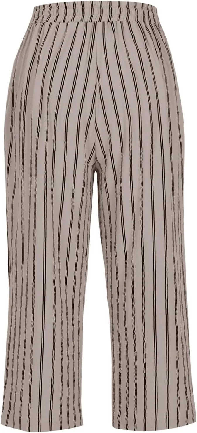 Capris for Women Fashion Casual Stripe Elastic Loose Pants Straight Wide Leg Trousers Womens Beach Vacation Outfits