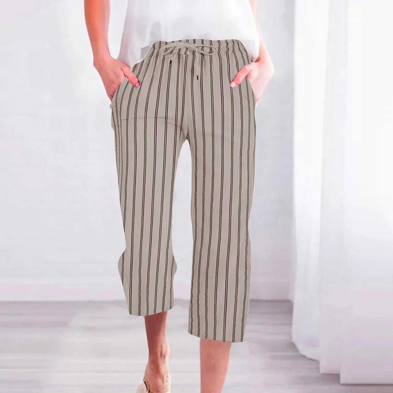 Capris for Women Fashion Casual Stripe Elastic Loose Pants Straight Wide Leg Trousers Womens Beach Vacation Outfits