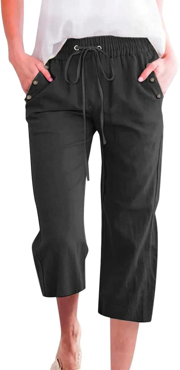 Capris Pants for Women Cotton Linen Casual Summer Straight Wide Leg Loose Drawstring Elastic Waist Cropped Trouser