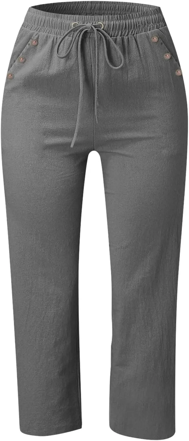 Capris Pants for Women Cotton Linen Casual Summer Straight Wide Leg Loose Drawstring Elastic Waist Cropped Trouser