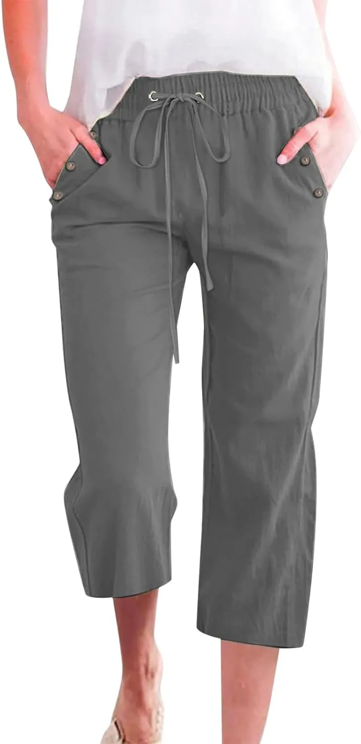 Capris Pants for Women Cotton Linen Casual Summer Straight Wide Leg Loose Drawstring Elastic Waist Cropped Trouser