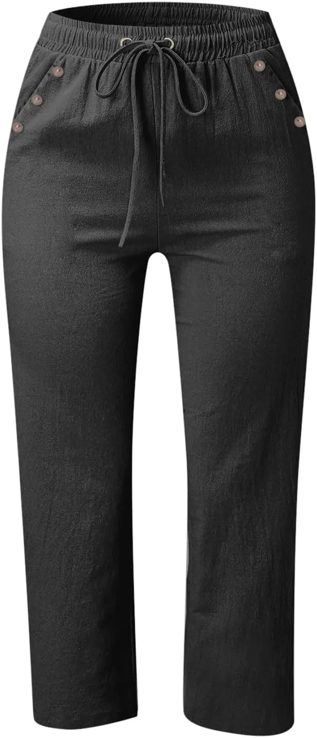 Capris Pants for Women Cotton Linen Casual Summer Straight Wide Leg Loose Drawstring Elastic Waist Cropped Trouser