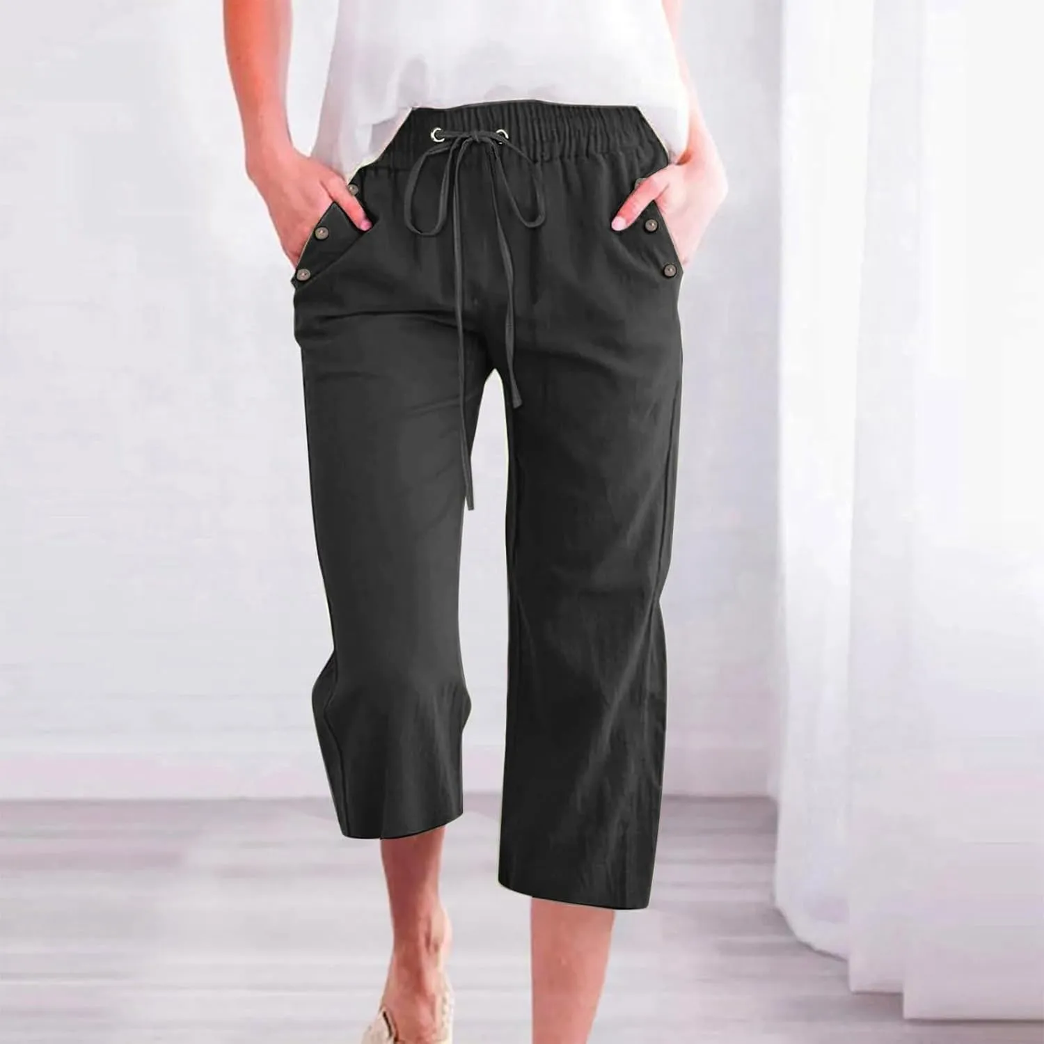 Capris Pants for Women Cotton Linen Casual Summer Straight Wide Leg Loose Drawstring Elastic Waist Cropped Trouser