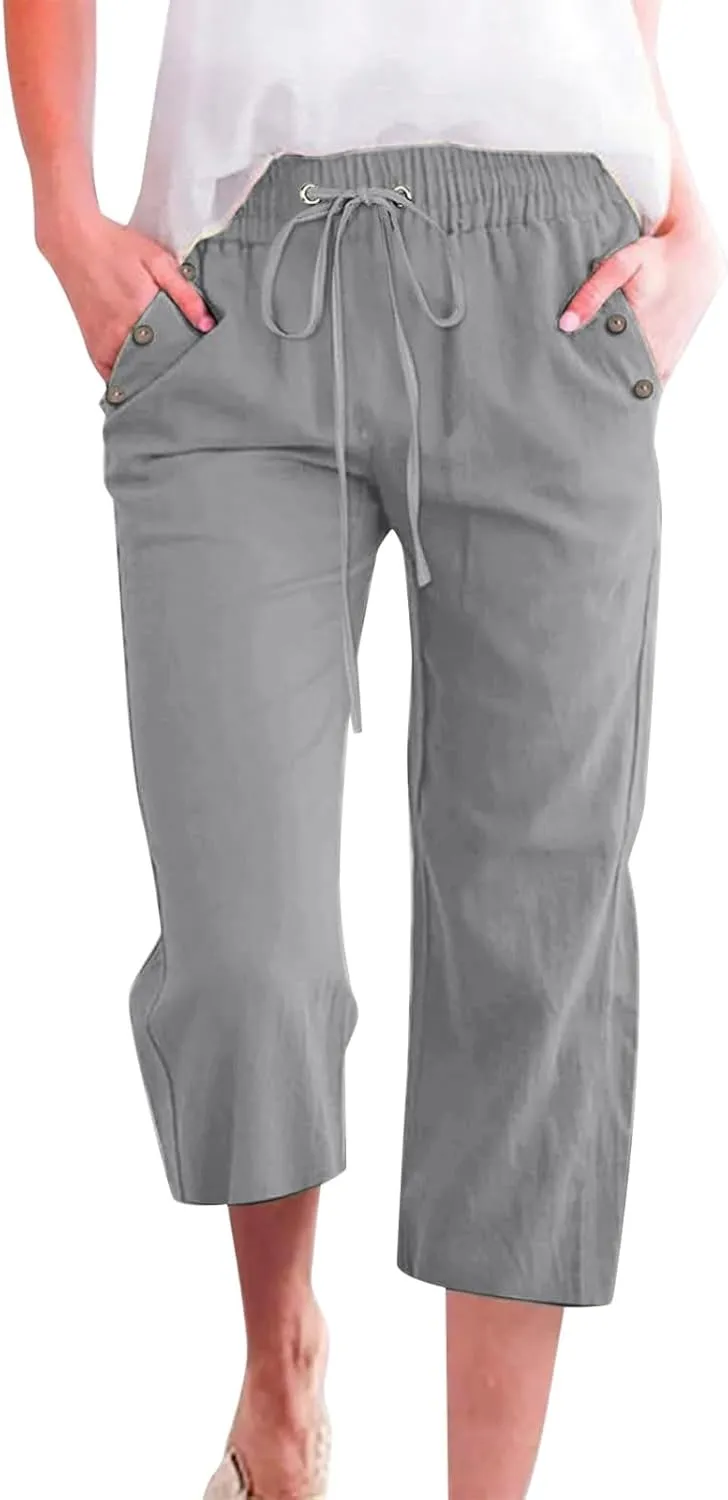 Capris Pants for Women Cotton Linen Casual Summer Straight Wide Leg Loose Drawstring Elastic Waist Cropped Trouser