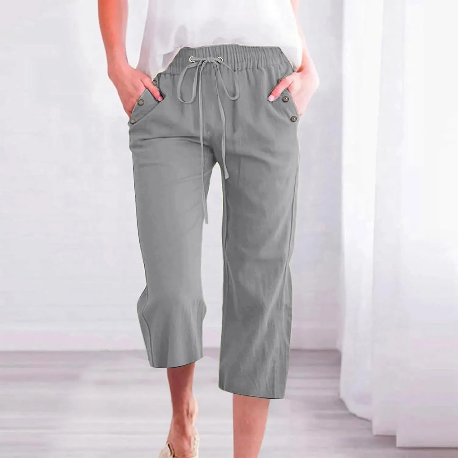 Capris Pants for Women Cotton Linen Casual Summer Straight Wide Leg Loose Drawstring Elastic Waist Cropped Trouser