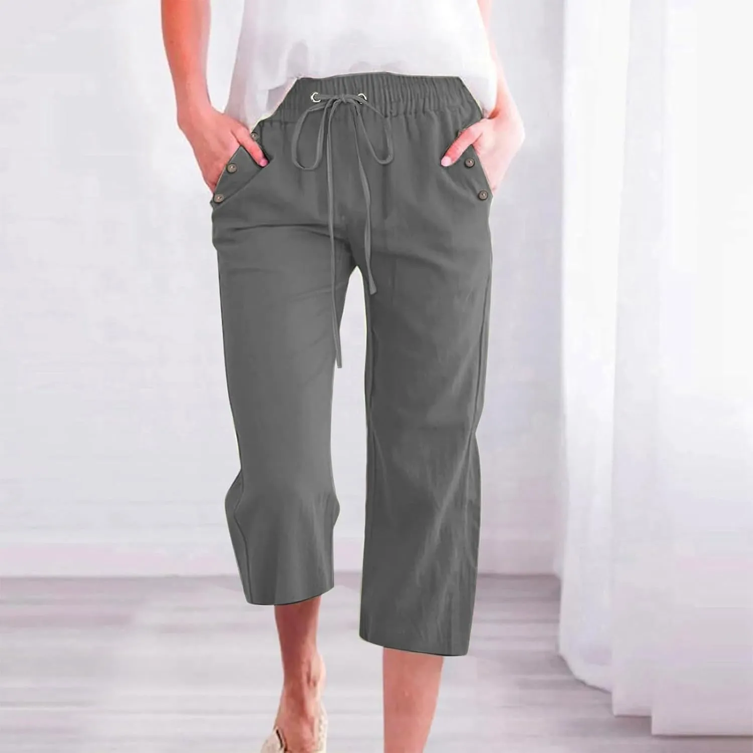 Capris Pants for Women Cotton Linen Casual Summer Straight Wide Leg Loose Drawstring Elastic Waist Cropped Trouser