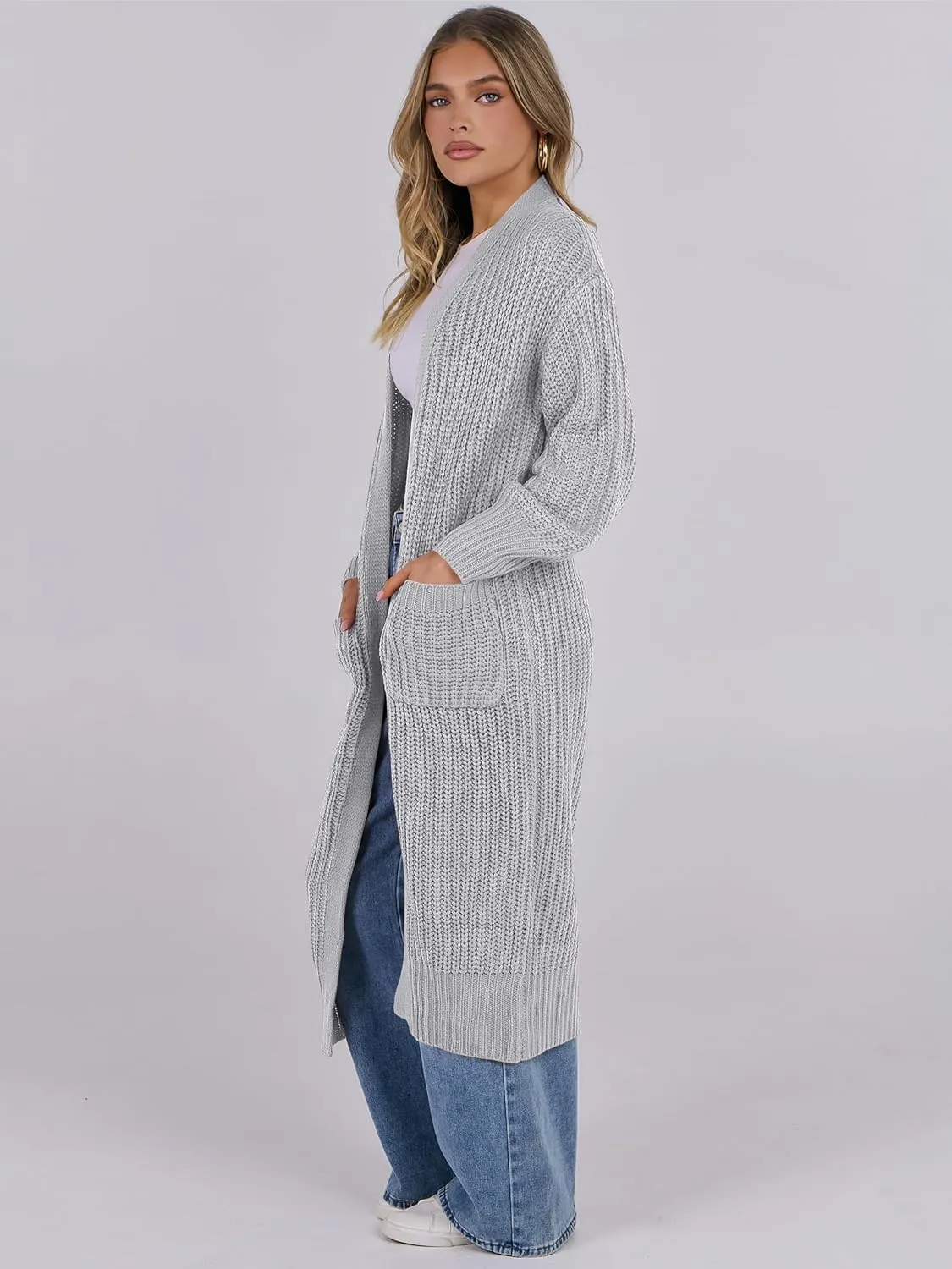 Caracilia Women Cardigan Sweaters Long Sleeve Open Front Knit Long Coat Duster Cozy 2025 Fall Winter Outfits with Pockets