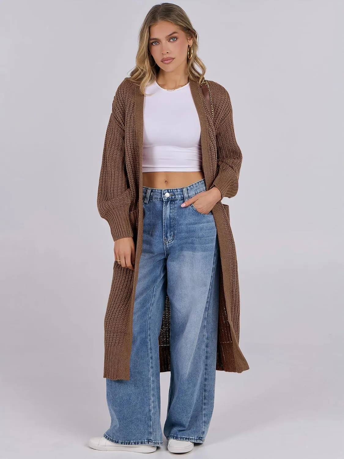 Caracilia Women Cardigan Sweaters Long Sleeve Open Front Knit Long Coat Duster Cozy 2025 Fall Winter Outfits with Pockets