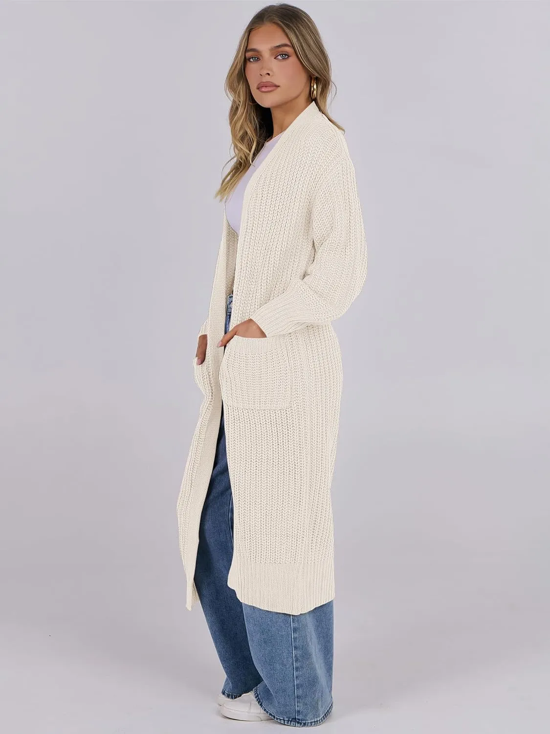 Caracilia Women Cardigan Sweaters Long Sleeve Open Front Knit Long Coat Duster Cozy 2025 Fall Winter Outfits with Pockets