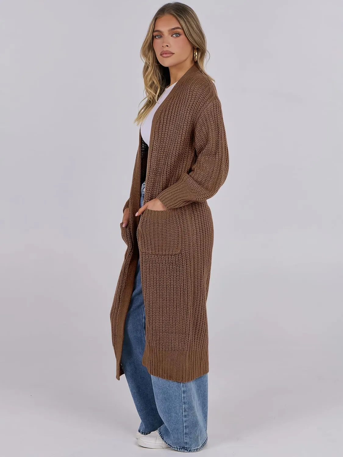 Caracilia Women Cardigan Sweaters Long Sleeve Open Front Knit Long Coat Duster Cozy 2025 Fall Winter Outfits with Pockets
