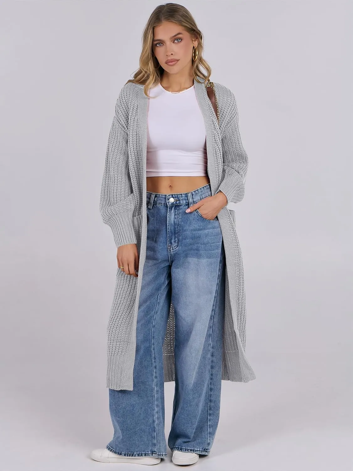 Caracilia Women Cardigan Sweaters Long Sleeve Open Front Knit Long Coat Duster Cozy 2025 Fall Winter Outfits with Pockets