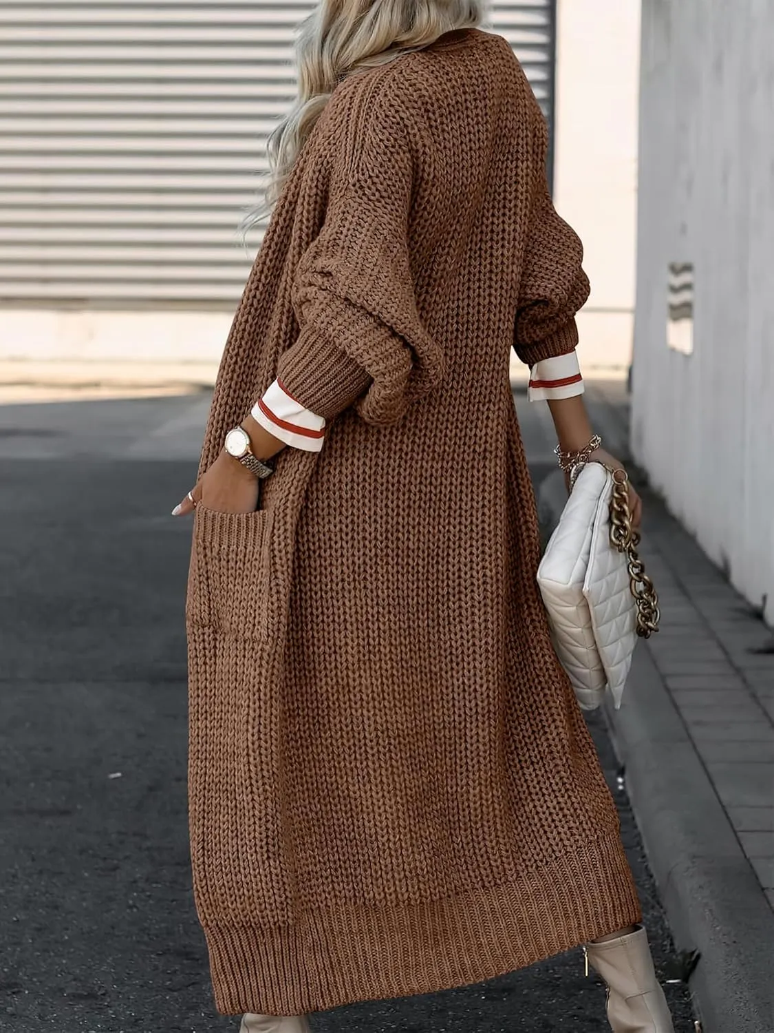 Caracilia Women Cardigan Sweaters Long Sleeve Open Front Knit Long Coat Duster Cozy 2025 Fall Winter Outfits with Pockets