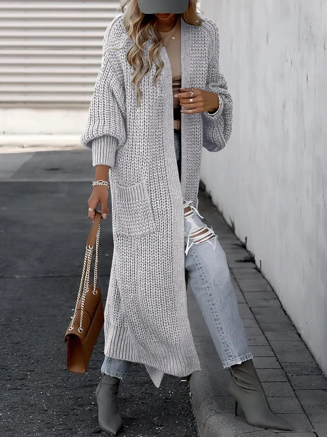 Caracilia Women Cardigan Sweaters Long Sleeve Open Front Knit Long Coat Duster Cozy 2025 Fall Winter Outfits with Pockets