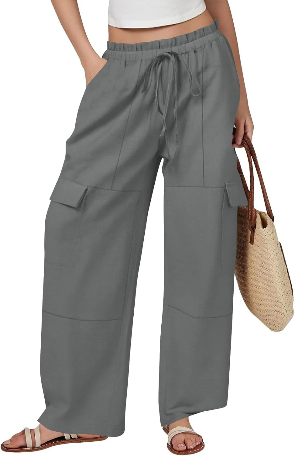 Cargo Linen Pants for Women Summer Wide Leg Palazzo Pants Casual Drawstring Elastic Waist Beach Trousers with Pockets