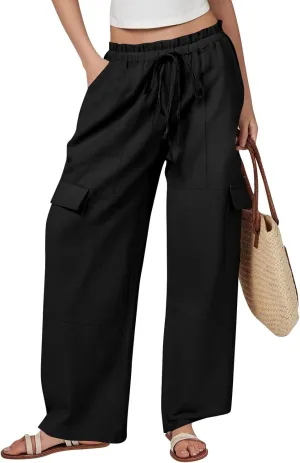 Cargo Linen Pants for Women Summer Wide Leg Palazzo Pants Casual Drawstring Elastic Waist Beach Trousers with Pockets