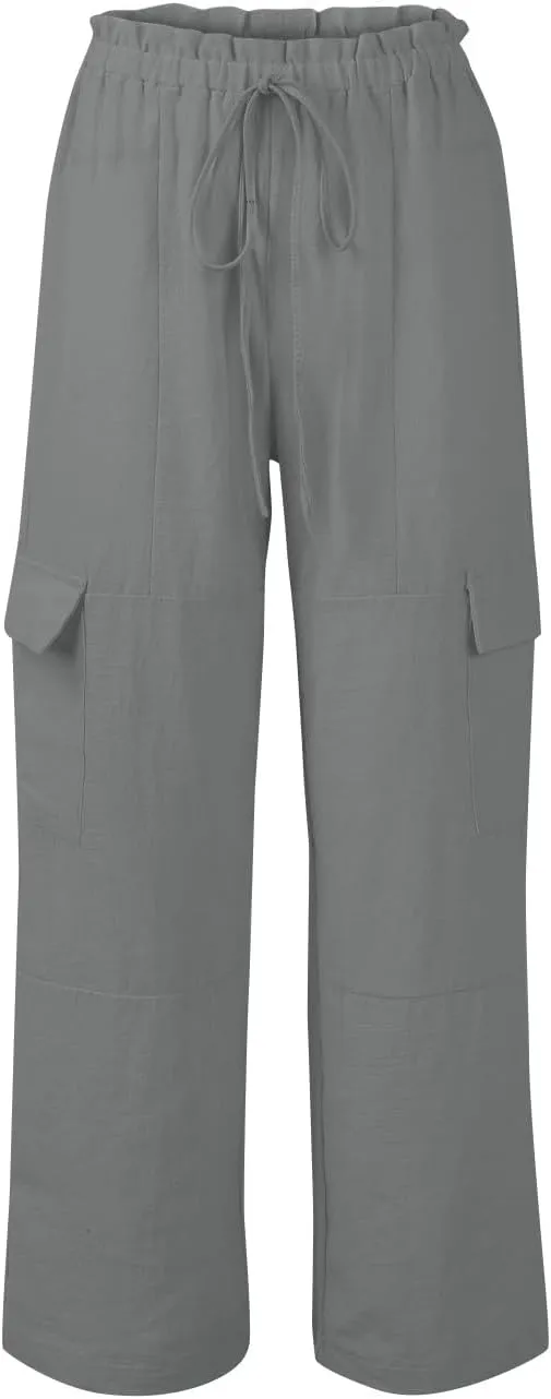 Cargo Linen Pants for Women Summer Wide Leg Palazzo Pants Casual Drawstring Elastic Waist Beach Trousers with Pockets