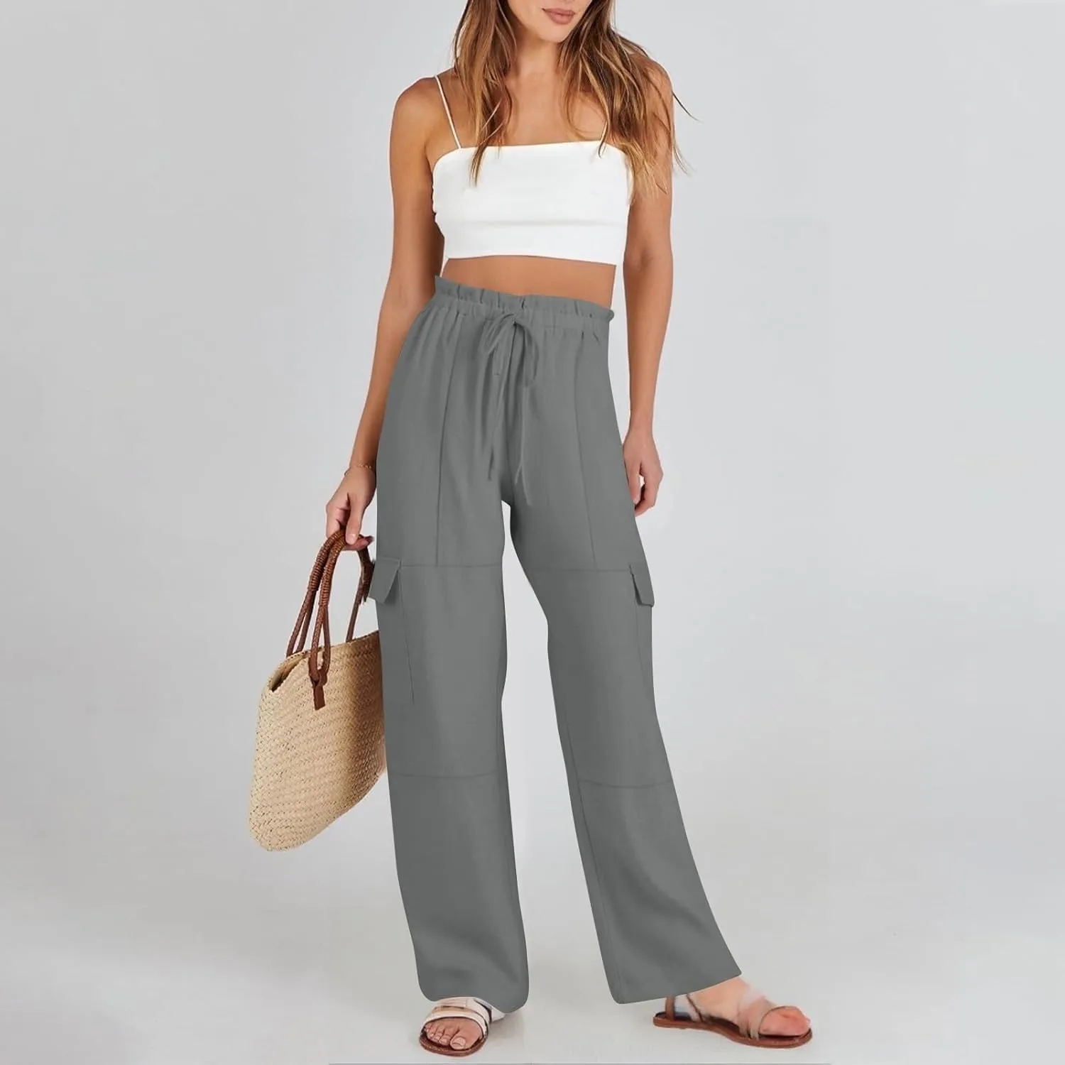 Cargo Linen Pants for Women Summer Wide Leg Palazzo Pants Casual Drawstring Elastic Waist Beach Trousers with Pockets