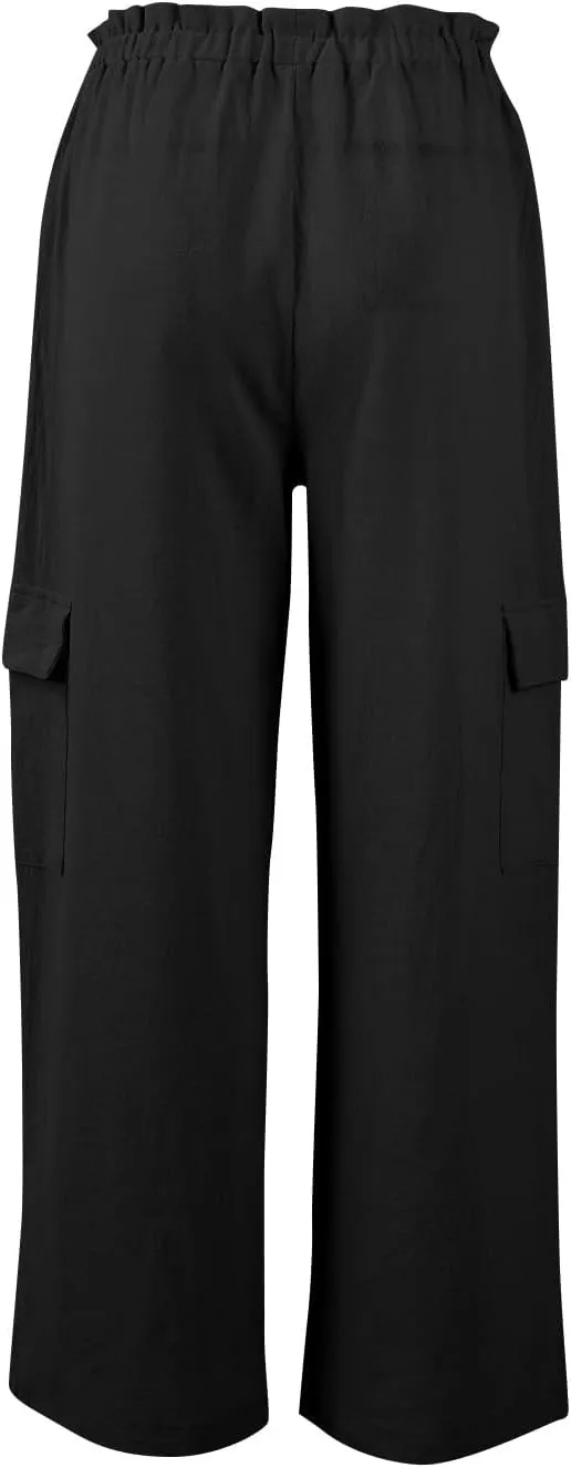Cargo Linen Pants for Women Summer Wide Leg Palazzo Pants Casual Drawstring Elastic Waist Beach Trousers with Pockets