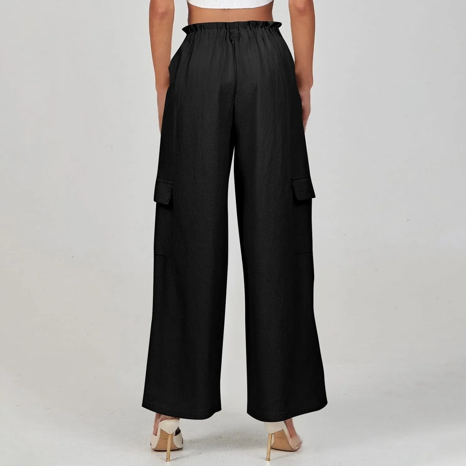 Cargo Linen Pants for Women Summer Wide Leg Palazzo Pants Casual Drawstring Elastic Waist Beach Trousers with Pockets