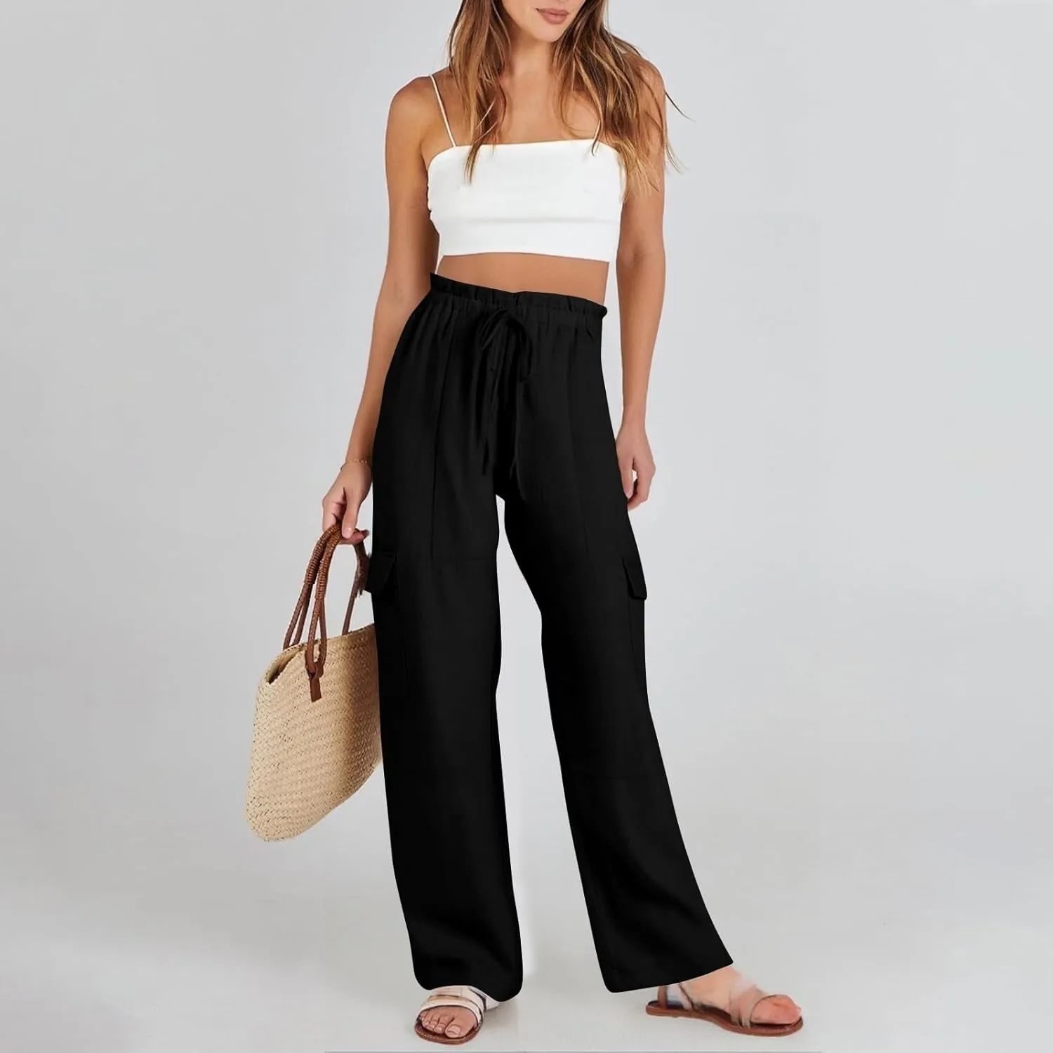 Cargo Linen Pants for Women Summer Wide Leg Palazzo Pants Casual Drawstring Elastic Waist Beach Trousers with Pockets