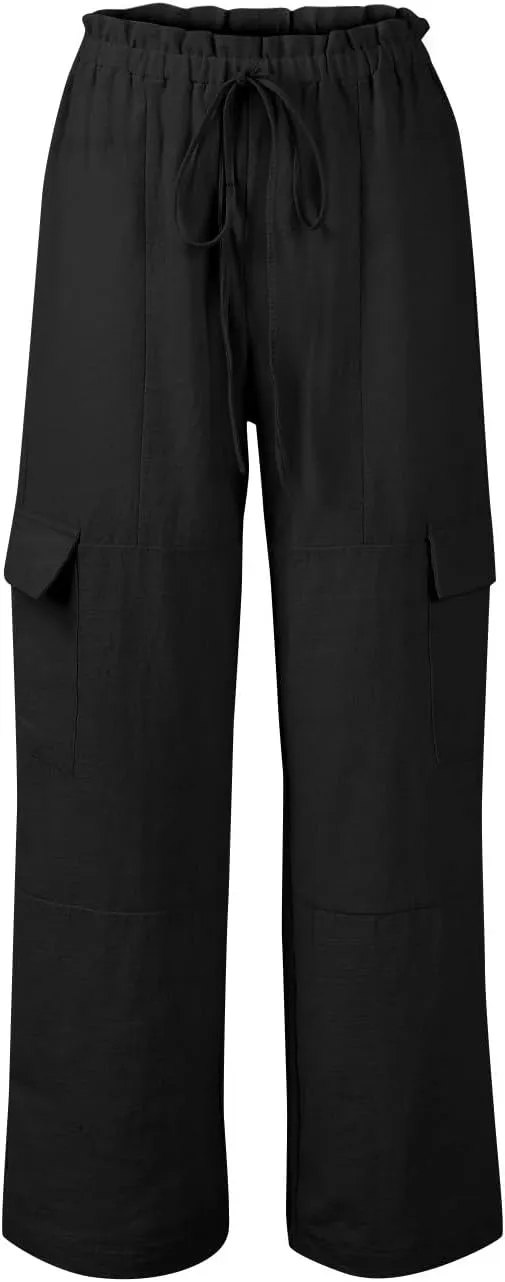 Cargo Linen Pants for Women Summer Wide Leg Palazzo Pants Casual Drawstring Elastic Waist Beach Trousers with Pockets