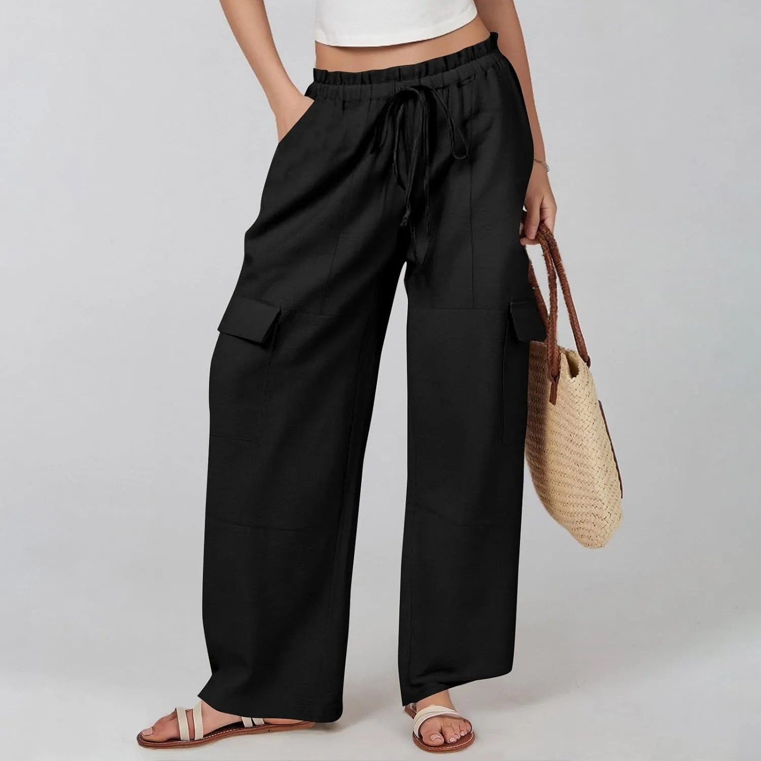 Cargo Linen Pants for Women Summer Wide Leg Palazzo Pants Casual Drawstring Elastic Waist Beach Trousers with Pockets