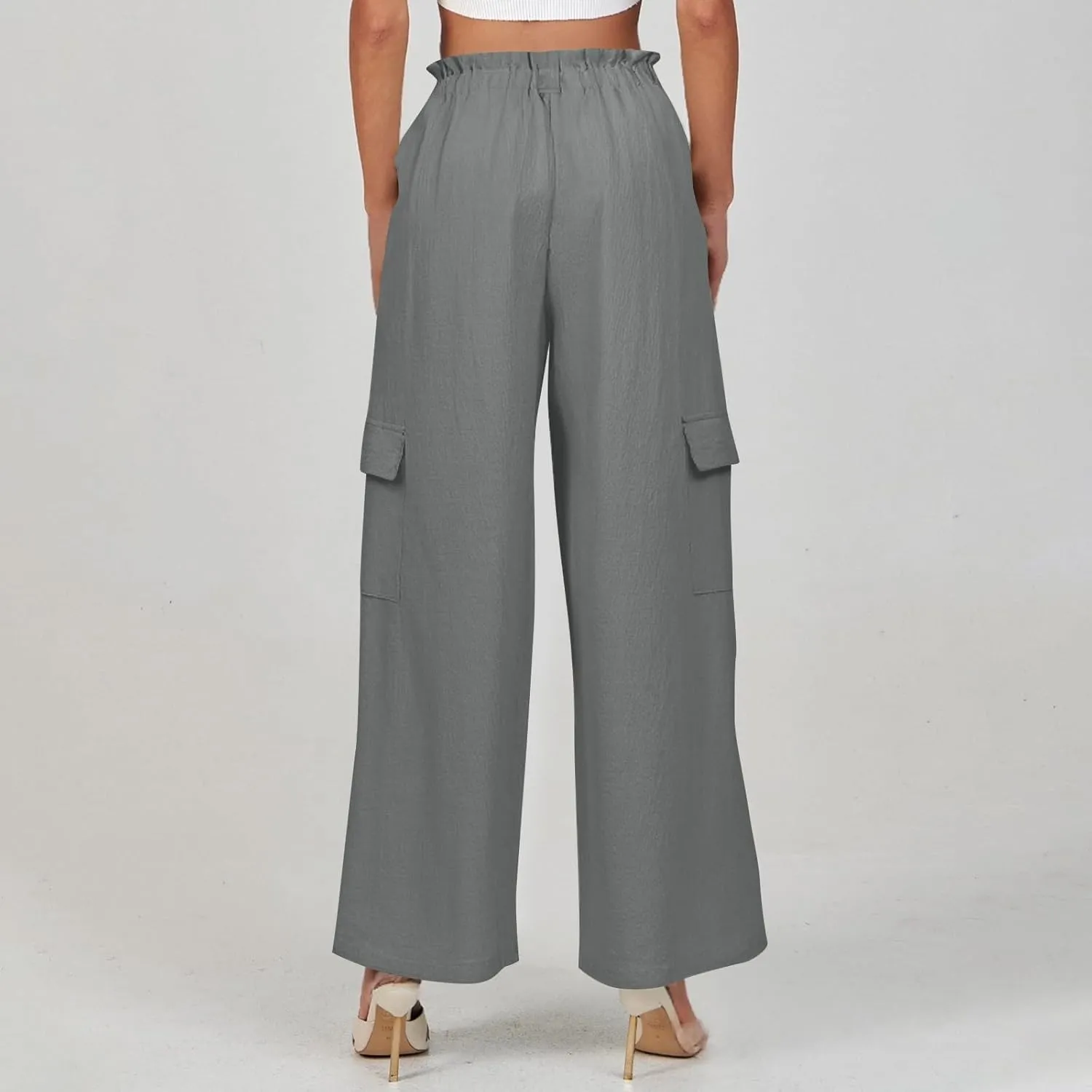 Cargo Linen Pants for Women Summer Wide Leg Palazzo Pants Casual Drawstring Elastic Waist Beach Trousers with Pockets