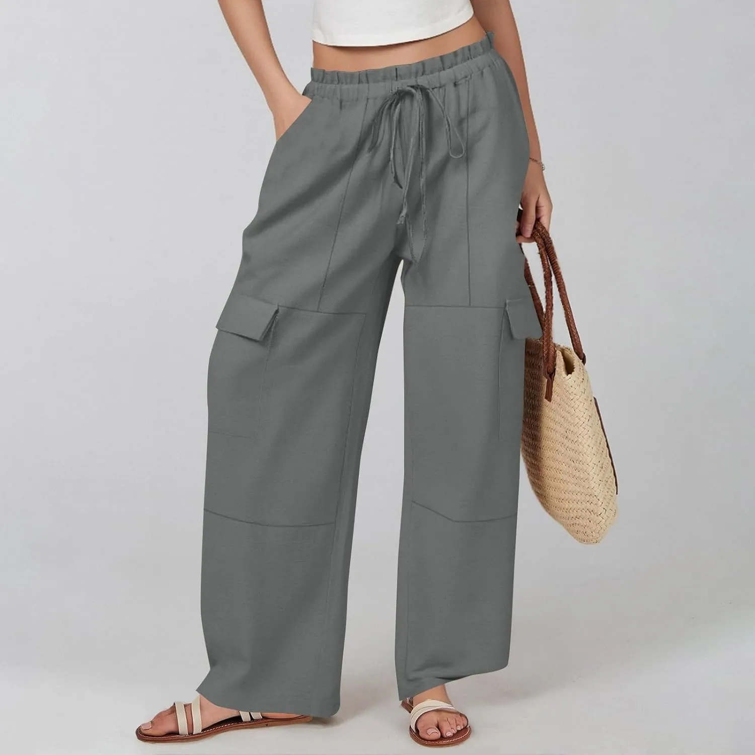 Cargo Linen Pants for Women Summer Wide Leg Palazzo Pants Casual Drawstring Elastic Waist Beach Trousers with Pockets
