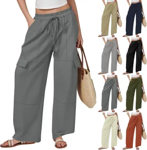 Cargo Linen Pants for Women Summer Wide Leg Palazzo Pants Casual Drawstring Elastic Waist Beach Trousers with Pockets