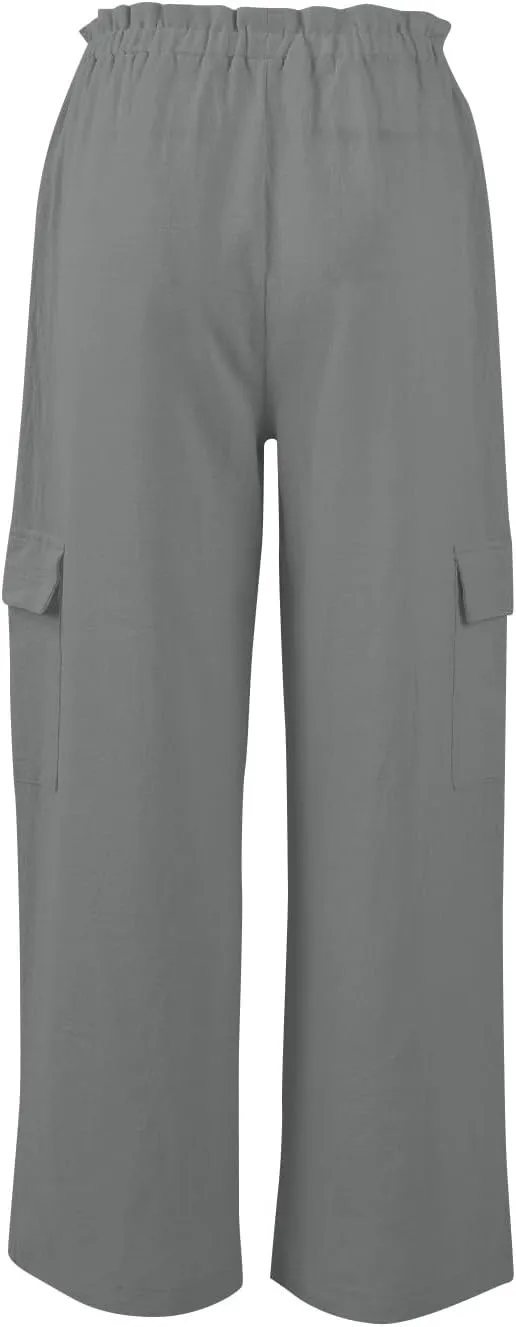 Cargo Linen Pants for Women Summer Wide Leg Palazzo Pants Casual Drawstring Elastic Waist Beach Trousers with Pockets
