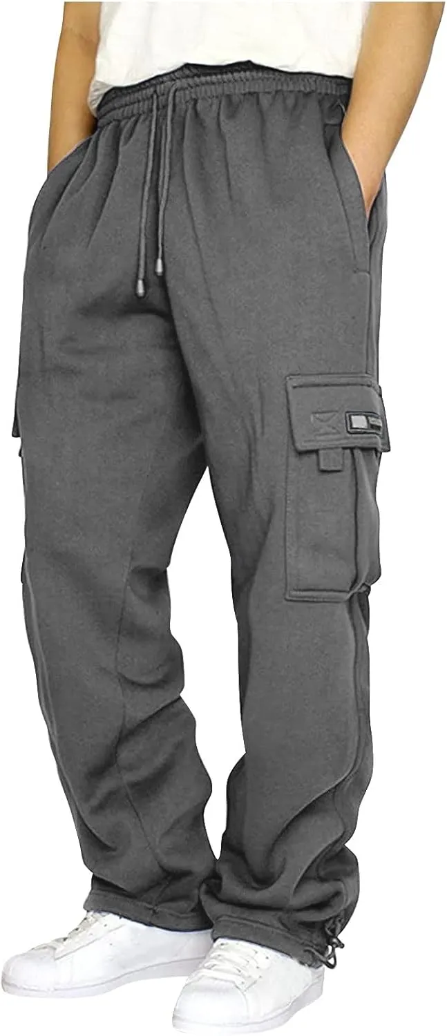 Cargo Pants for Men, Big and Tall Elastic Waist Cotton Sweatpants, Causal Solid Multi Pockets Joggers Athletic Pants