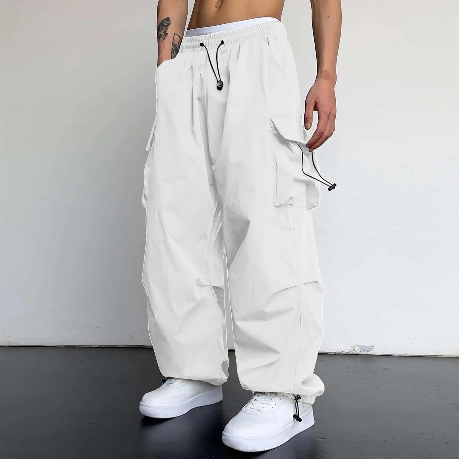 Cargo Pants for Men, Loose Fit Baggy Sweatpants, Casual Solid Color Pants with Pockets, Outdoor Drawstring Trousers