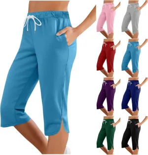 Casual Beach Pants for Women,Loose Fit Cotton Linen Wide Leg Cropped Trousers Elastic Waist Summer Style