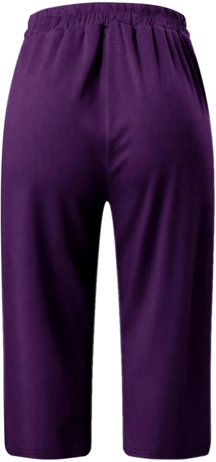 Casual Beach Pants for Women,Loose Fit Cotton Linen Wide Leg Cropped Trousers Elastic Waist Summer Style