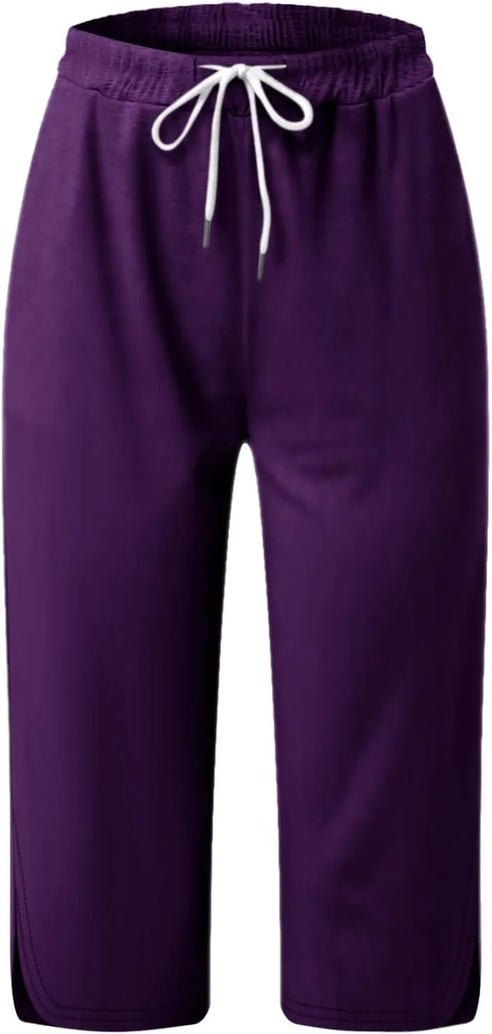 Casual Beach Pants for Women,Loose Fit Cotton Linen Wide Leg Cropped Trousers Elastic Waist Summer Style