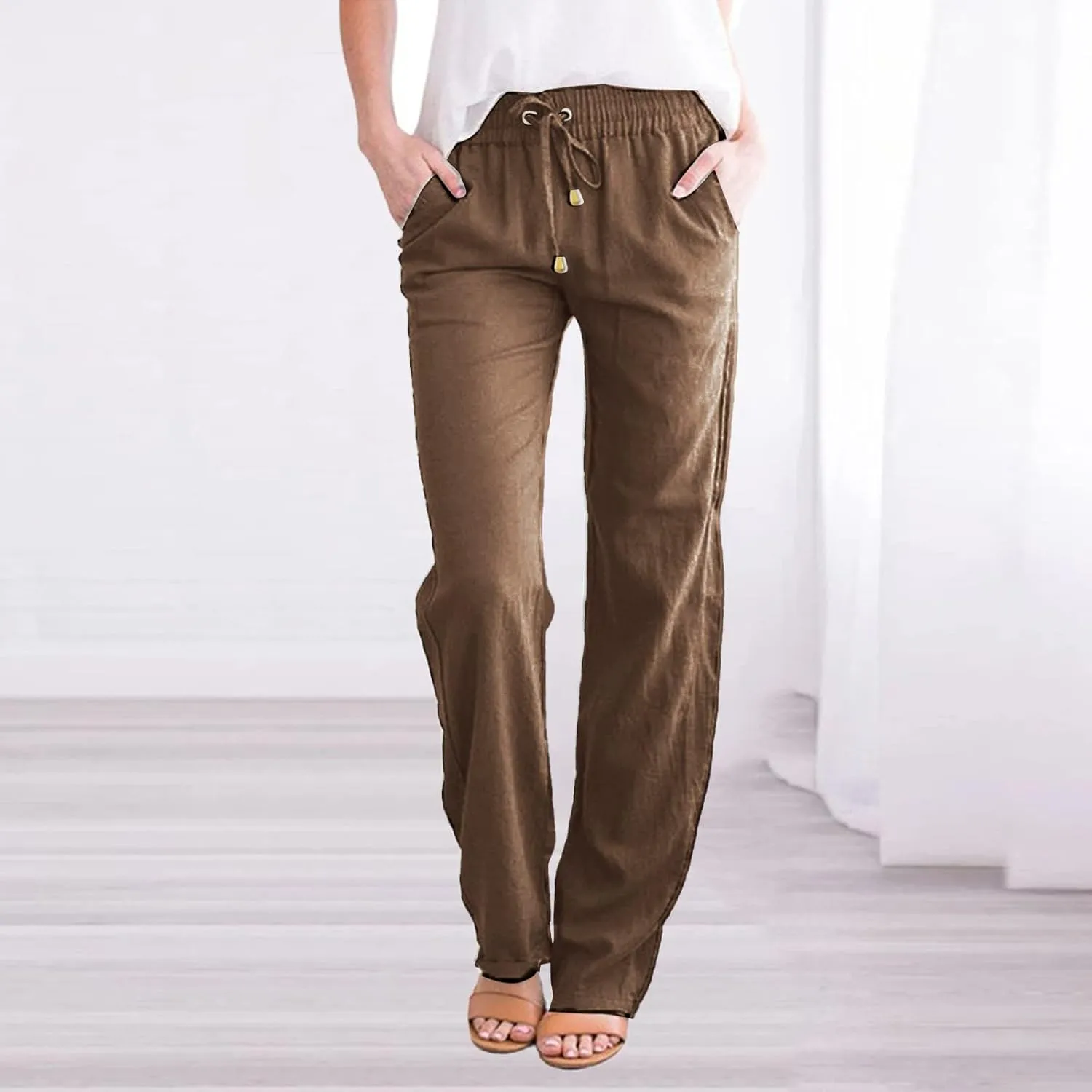 Casual Pants for Women Loose Solid Color Elastic High Waist Straight Leg Pant Drawstring Sport Trousers with Pocket