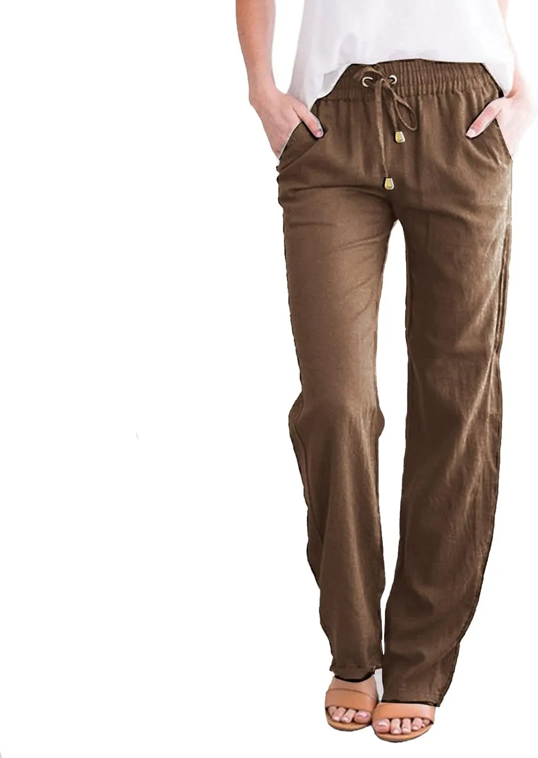 Casual Pants for Women Loose Solid Color Elastic High Waist Straight Leg Pant Drawstring Sport Trousers with Pocket