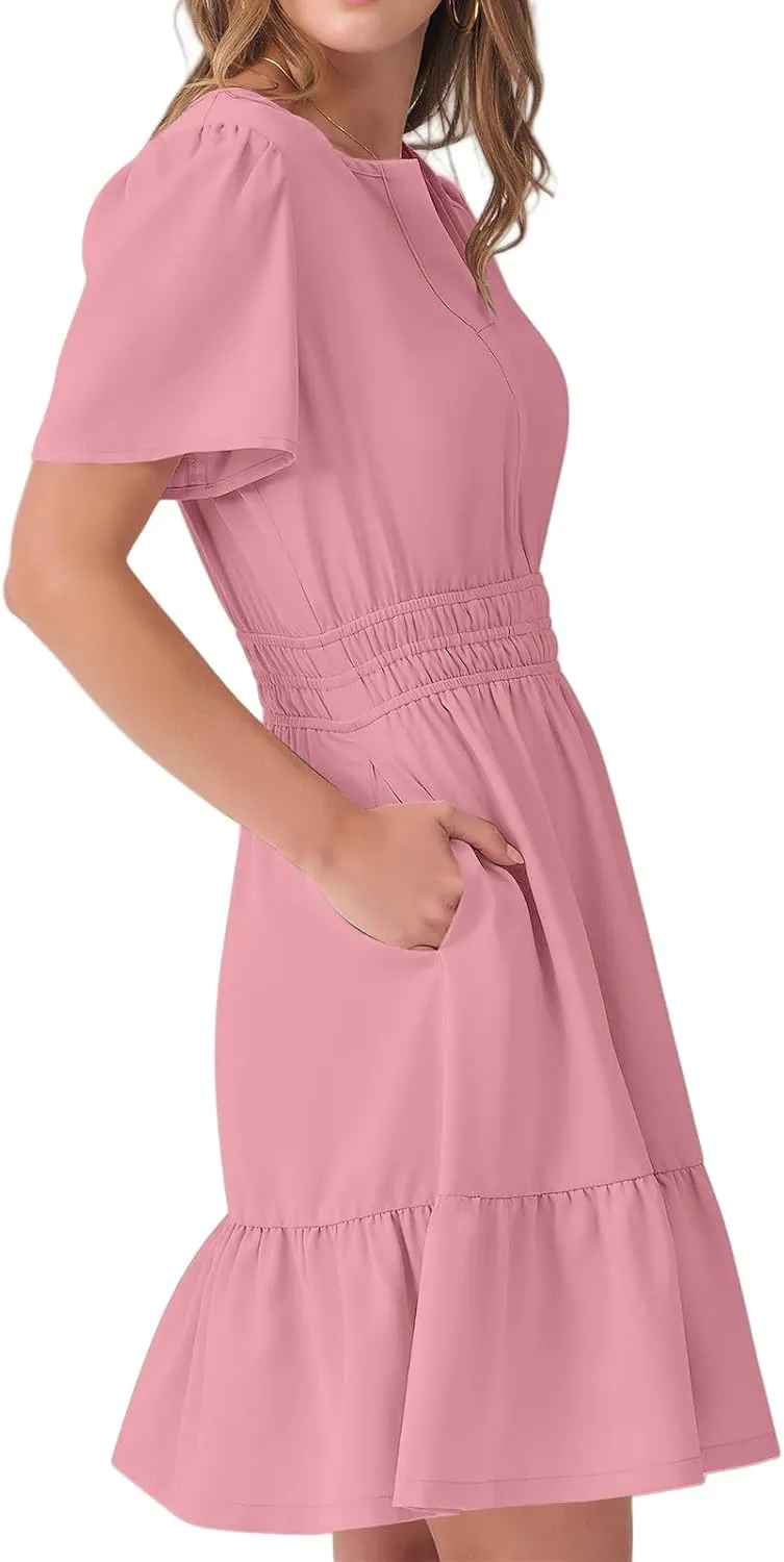 Casual Summer Dresses for Women 2025 Short Sleeve V Neck Beach Mini A-Line Ruffle Flowy Dress Dressy Work Sundress